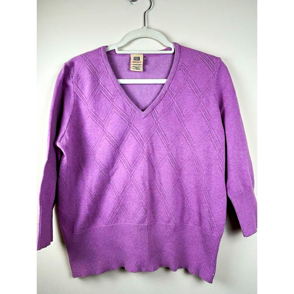 Vintage Faded Glory Purple V-Neck Argyle Knit Pullover Sweater Long Sleeve L Y2K
